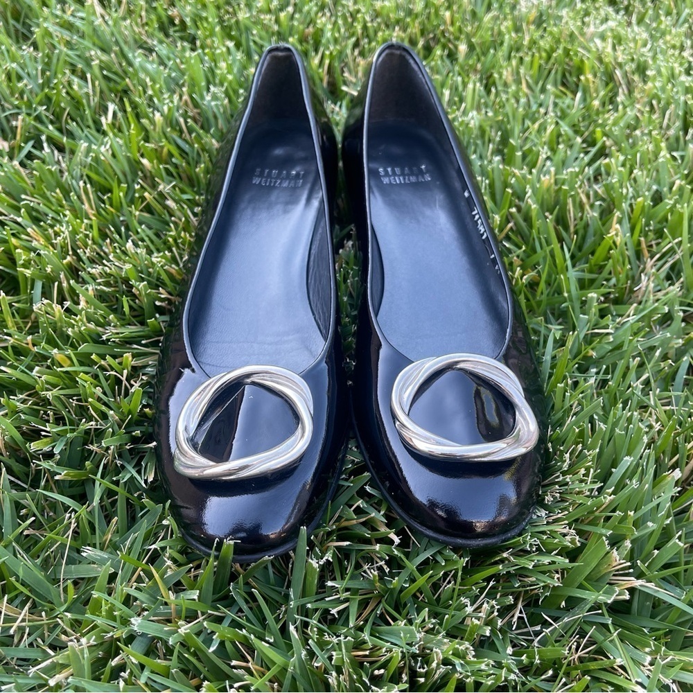 Stuart Weitzman Black Patent Wedge Pumps Silver Hardware Officecore Corporate 7